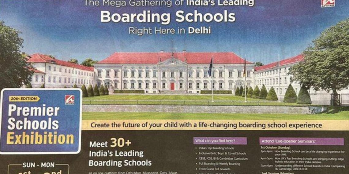 Hindistan’da yayımlanan reklamda okul binası yerine Almanya’daki Bellevue Sarayı’nın fotoğrafı kullanıldı