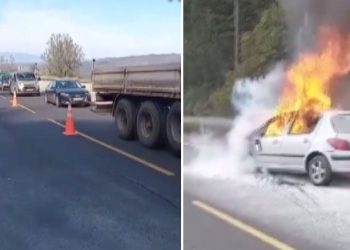 Yanan araba D-100’ü kilitledi