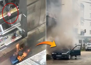 Yanan araca, balkondan kova ile su dökerek müdahale etti