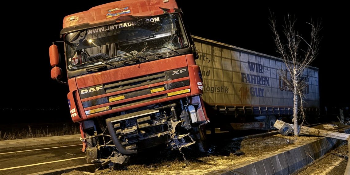 Aydınlatma direğine çarpan TIR’ın şoförü yaralandı